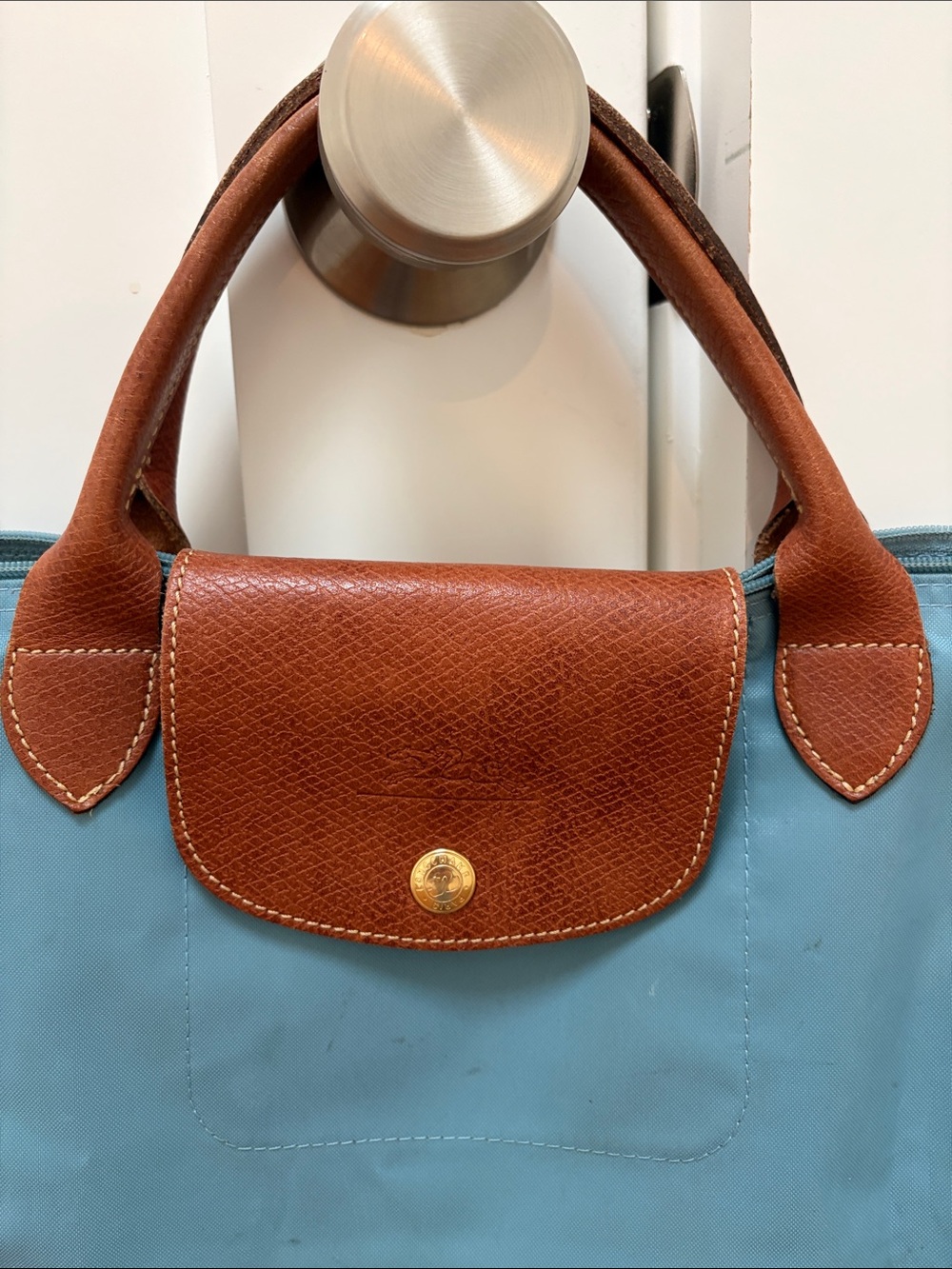 Longchamp Style Teal Tote with Brown Leather Trim - Picture 2 of 6